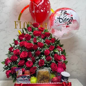 Desayuno sorpresa con rosas y globos con helio