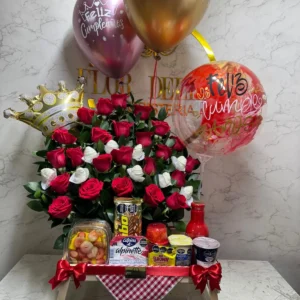 Desayuno sorpresa con rosas y globos con helio