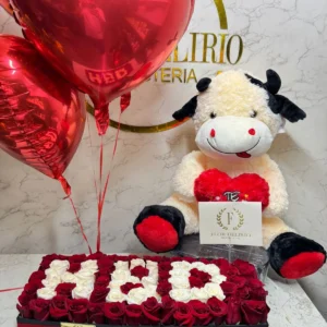 Caja con rosas, globos con helio y peluche