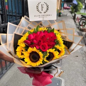 Bouquet de girasoles con rosas