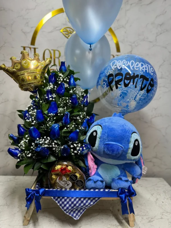 Desayuno sorpresa con rosas azules, caja corazon Ferrero Rocher, globos con helio y peluche