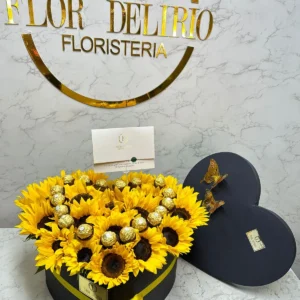 Caja corazon con girasoles y chocolates Ferrero Rocher