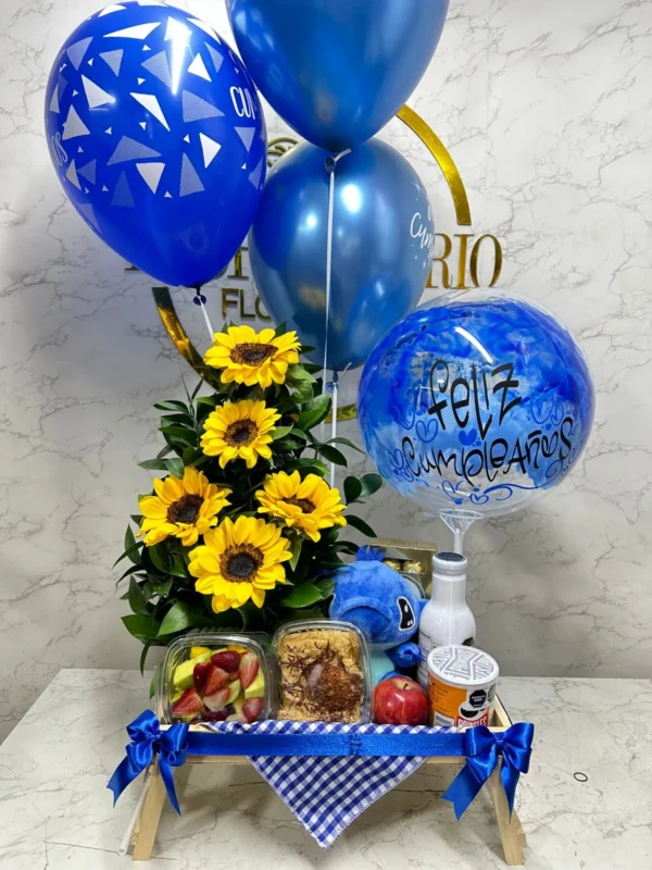 Desayuno sorpresa con girasoles y globos con helio