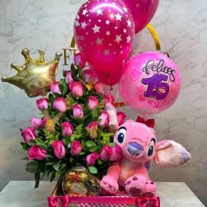 Desayuno sorpresa con rosas, peluche, chocolates Ferrero Rocher y globos con helio