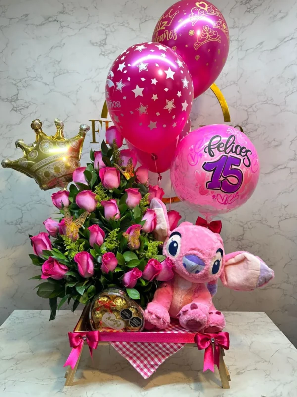 Desayuno sorpresa con rosas, peluche, chocolates Ferrero Rocher y globos con helio