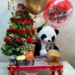 Desayuno sorpresa con rosas, globos con helio, chocolates Ferrero Rocher y peluche