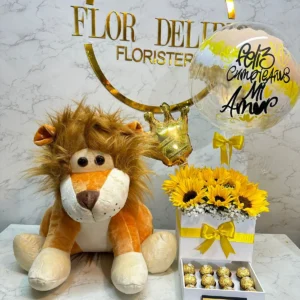 Caja con girasoles, chocolates Ferrero Rocher, globo y peluche