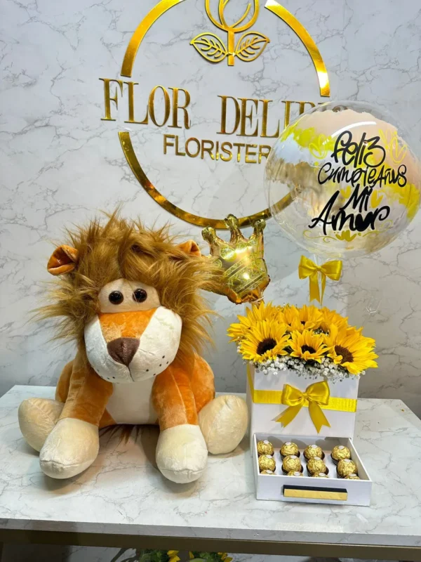 Caja con girasoles, chocolates Ferrero Rocher, globo y peluche